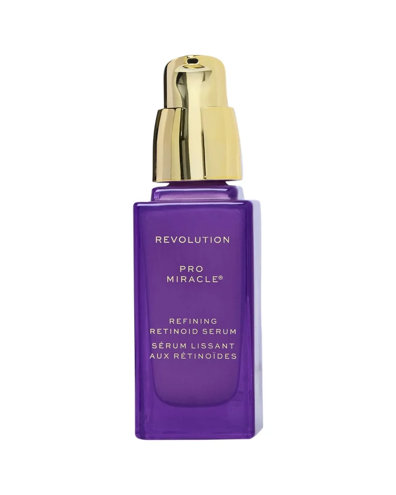Frasco morado con dosificador dorado de Pro Miracle Retinoid Refining Serum sobre fondo blanco