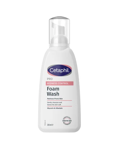 Envase con dosificador de espuma de Cetaphil PRO Redness Control Espuma Limpiadora sobre fondo blanco