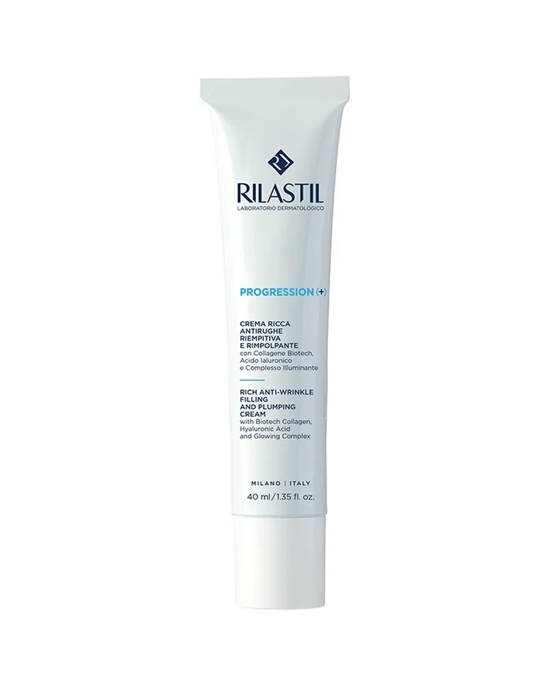 Envase de Progression (+) Crema Rica de Rilastil sobre fondo blanco