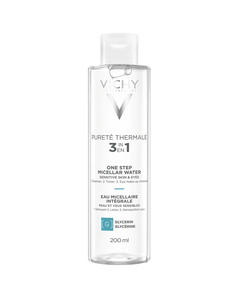 Envase de Pureté Thermale Agua Micelar 3 en 1 sobre fondo blanco