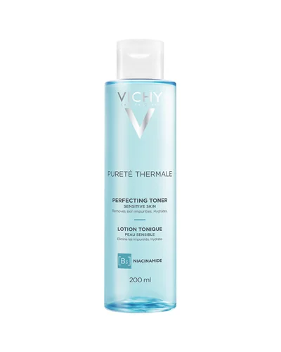 Envase de Pureté Thermale Tónico Perfeccionador sobre fondo blanco