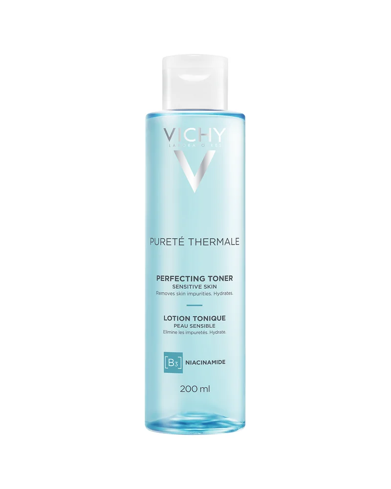 Envase de Pureté Thermale Tónico Perfeccionador sobre fondo blanco