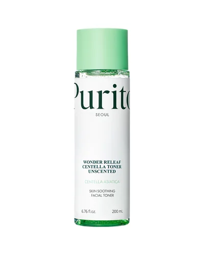 Envase de Wonder Releaf Centella Toner Unscented sobre fondo blanco