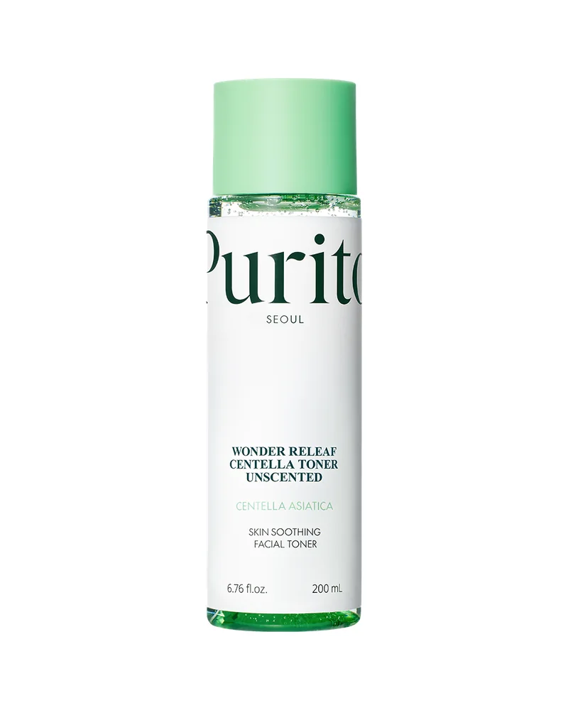 Envase de Wonder Releaf Centella Toner Unscented sobre fondo blanco