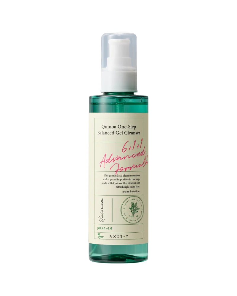 Botella con dosificador de Quinoa One Step Balanced Gel Cleanser sobre fondo blanco