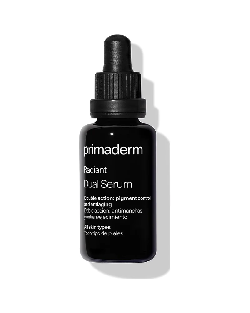 Frasco cuentagotas de Radiant Dual Serum sobre fondo blanco