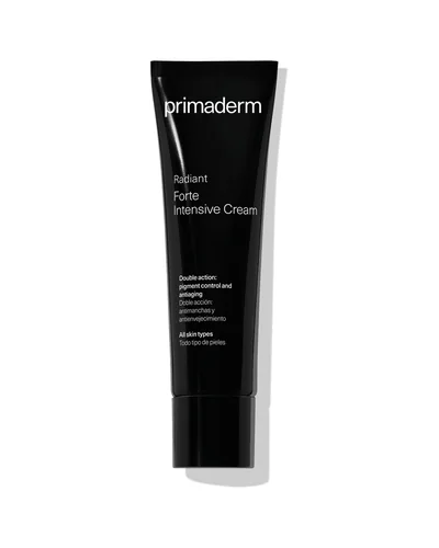 Tubo de Radiant Forte Intensive Cream sobre fondo blanco
