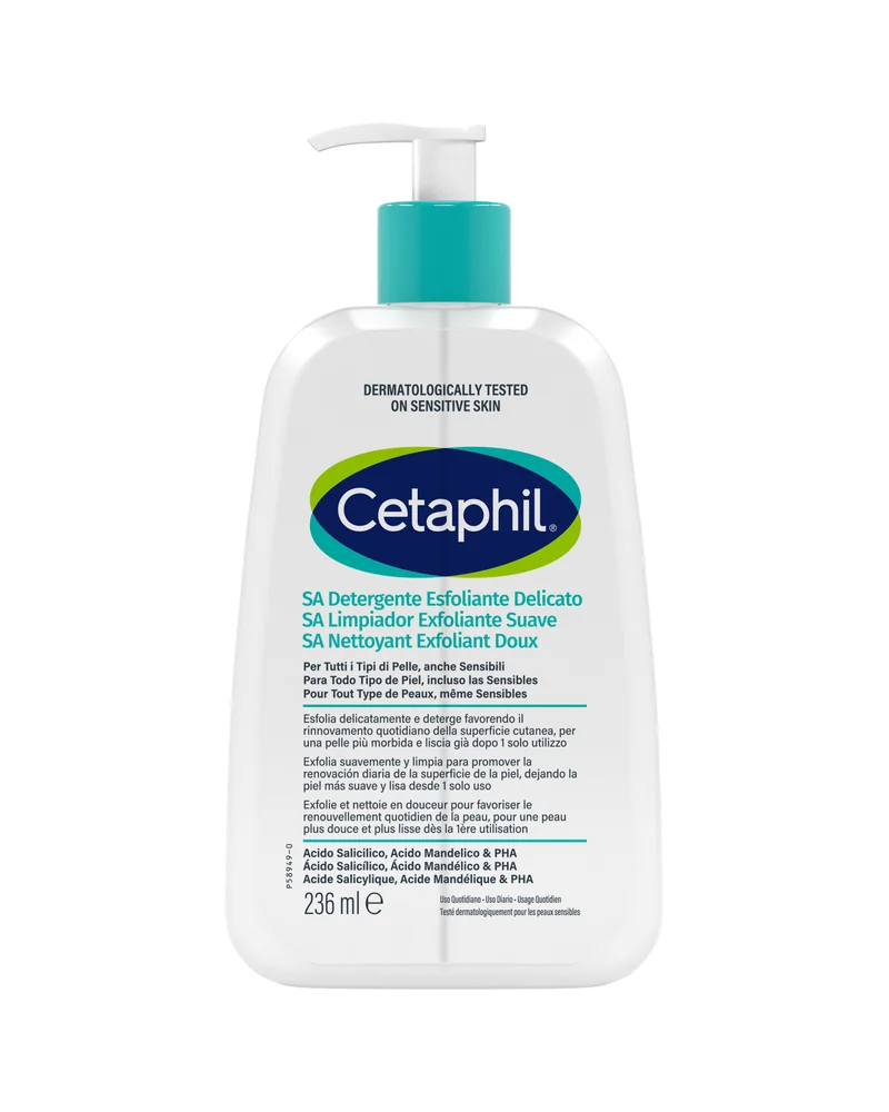 Envase con dosificador de Cetaphil SA Limpiador Exfoliante Suave sobre fondo blanco