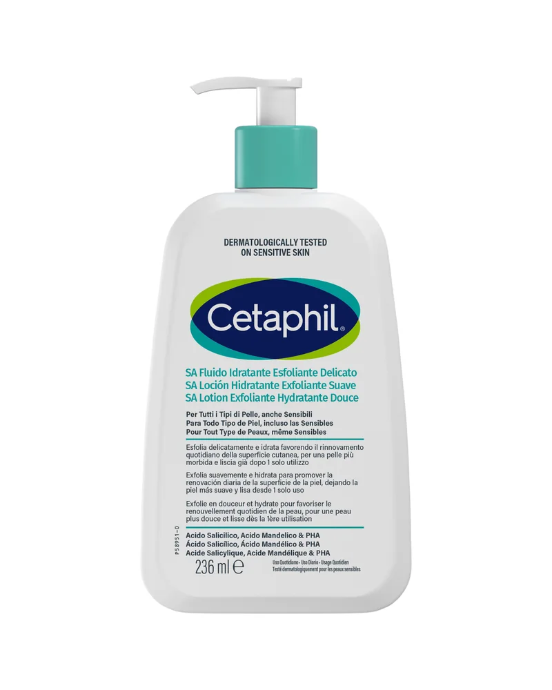 Envase con dosificador de Cetaphil SA Loción Hidratante Exfoliante Suave sobre fondo blanco
