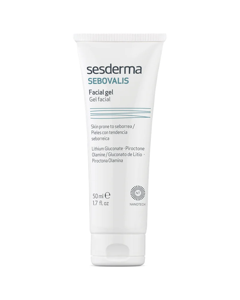 Envase de Sebovalis Gel facial sobre fondo blanco