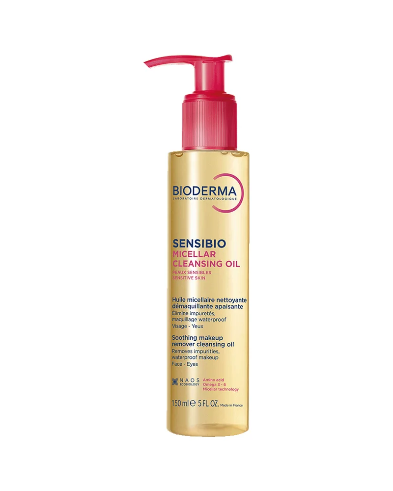 Envase de Sensibio Aceite Micelar Limpiador sobre fondo blanco