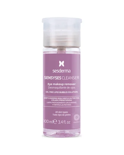 Envase de Sensyses Cleanser Desmaquillante de ojos sobre fondo blanco
