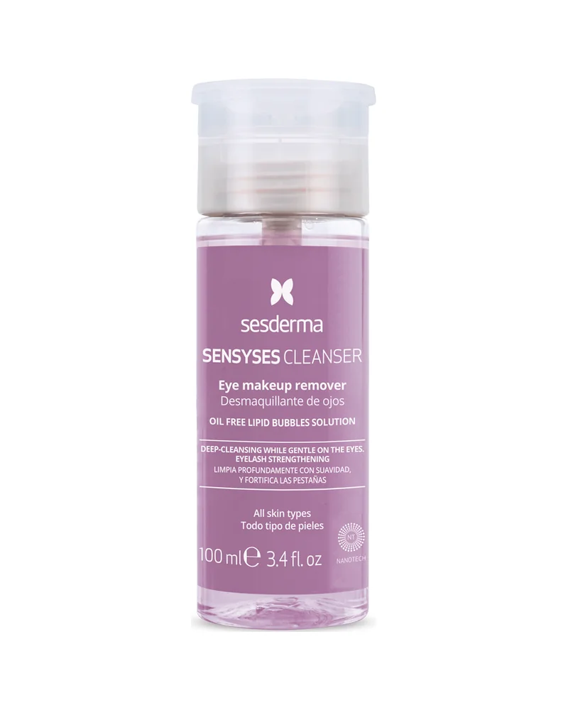 Envase de Sensyses Cleanser Desmaquillante de ojos sobre fondo blanco