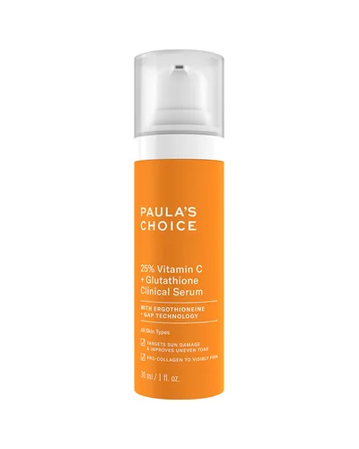 Envase de Sérum 25 % Vitamina C + Glutatión sobre fondo blanco