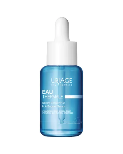 Envase de Eau Thermale Sérum Booster H.A. de Uriage sobre fondo blanco