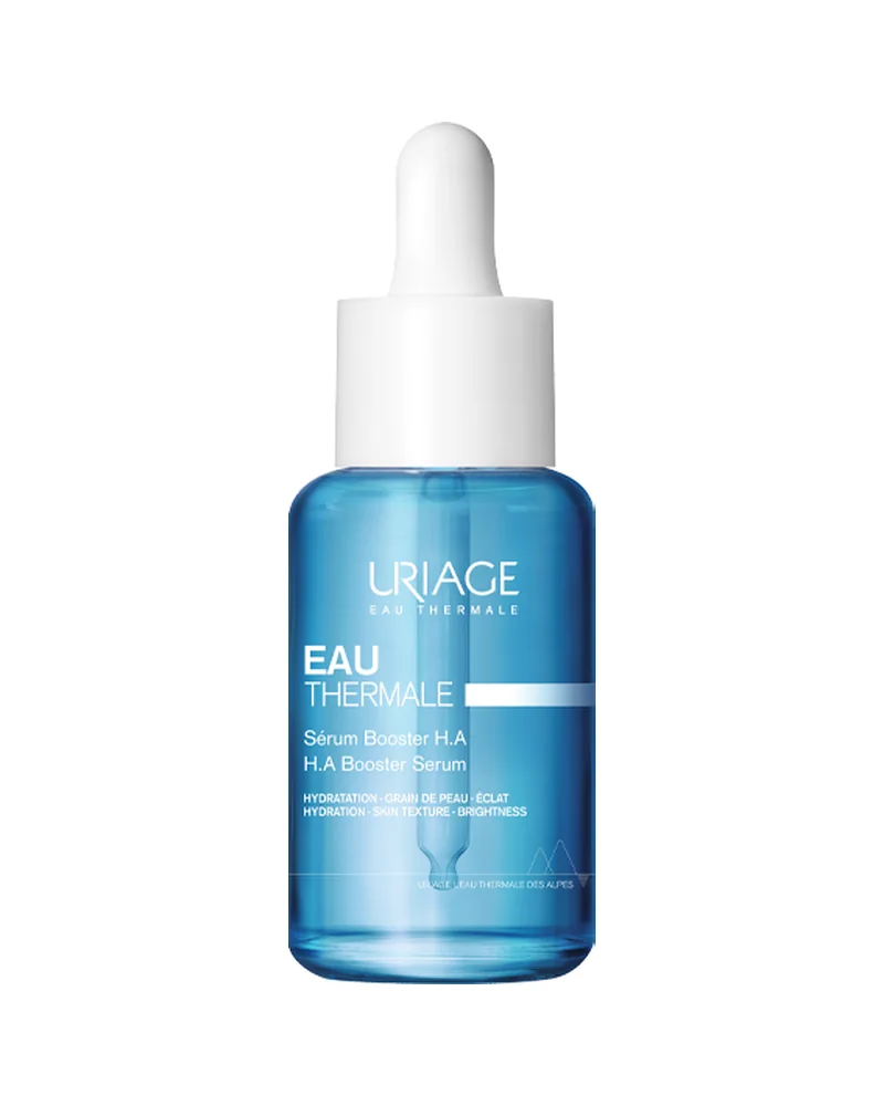 Envase de Eau Thermale Sérum Booster H.A. de Uriage sobre fondo blanco