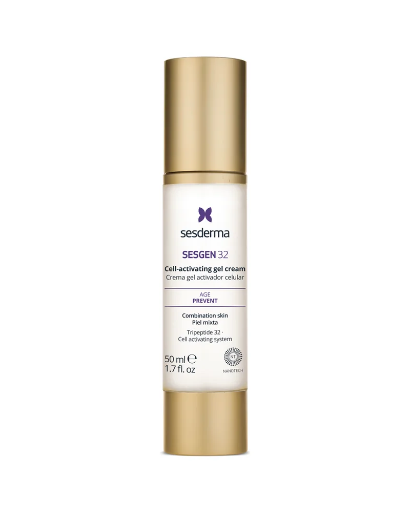 Envase de Sesgen 32 Crema gel sobre fondo blanco