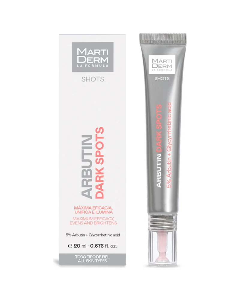 Envase de Shot Arbutin Dark Spots sobre fondo blanco