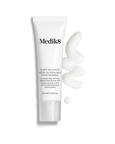 Envase de Sleep Glycolic sobre fondo blanco, con una muestra de la textura al lado