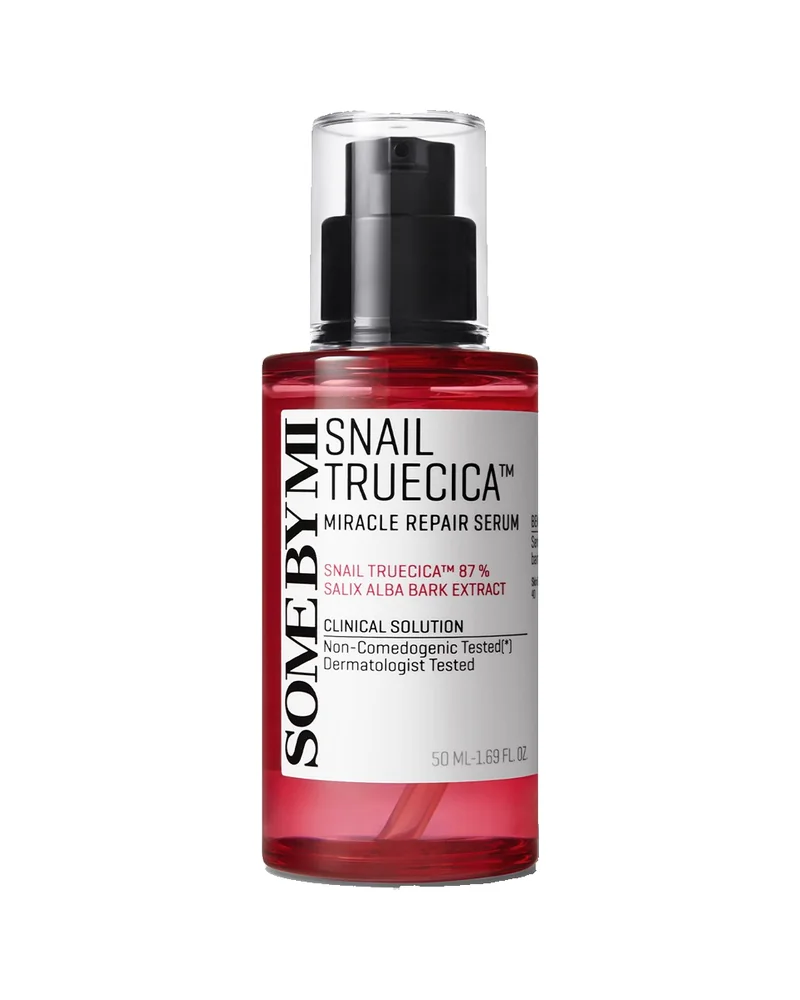 Envase de Snail Truecica Miracle Repair Serum sobre fondo blanco