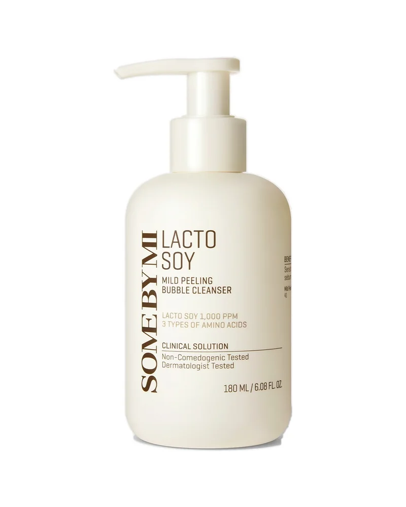 Envase de Lactosoy Mild Bubble Peeling Cleanser sobre fondo blanco