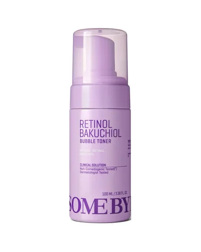 Envase de Retinol Bakuchiol Bubble Toner sobre fondo blanco