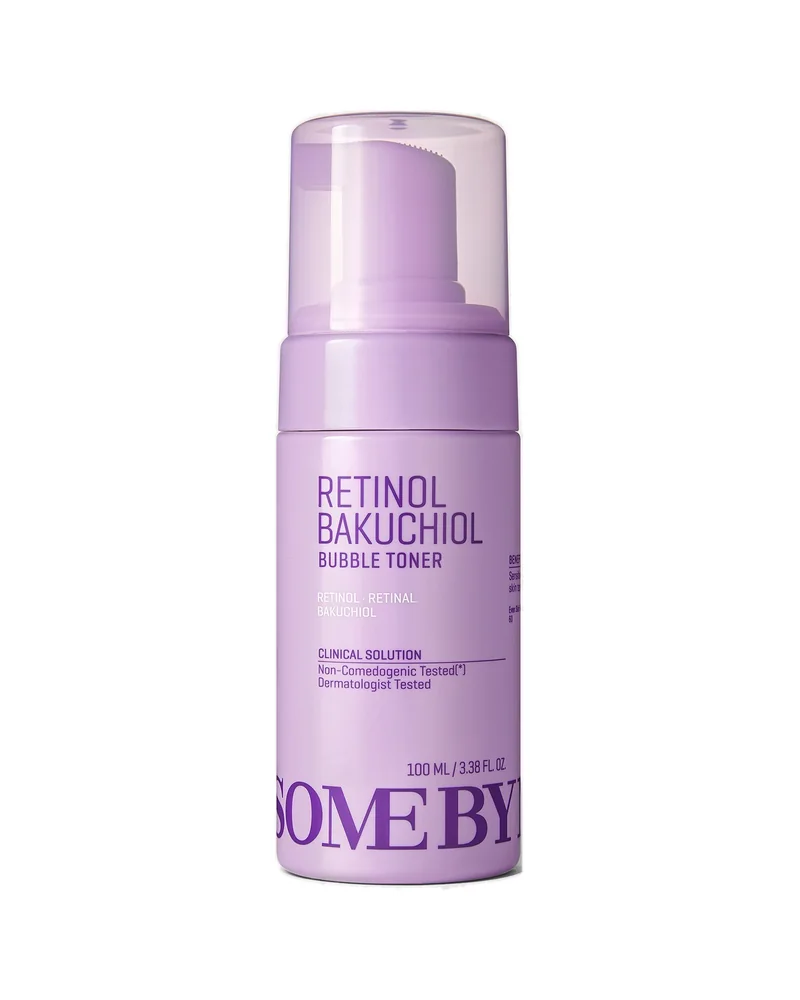 Envase de Retinol Bakuchiol Bubble Toner sobre fondo blanco