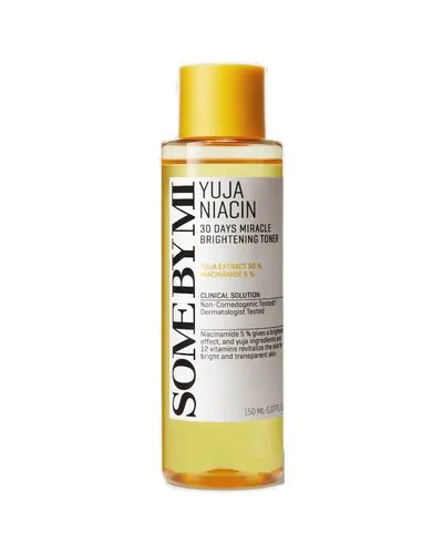 Envase de Yuja Niacin 30 Days Miracle Brightening Toner sobre fondo blanco