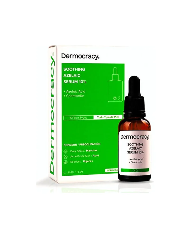 Frasco con cuentagotas de Soothing Azelaic Serum 10% junto a su caja sobre fondo blanco