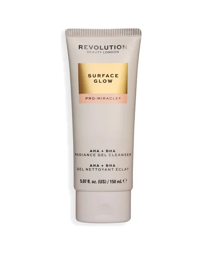 Envase de Pro Miracle Surface Glow AHA + BHA Radiance Gel Cleanser sobre fondo blanco
