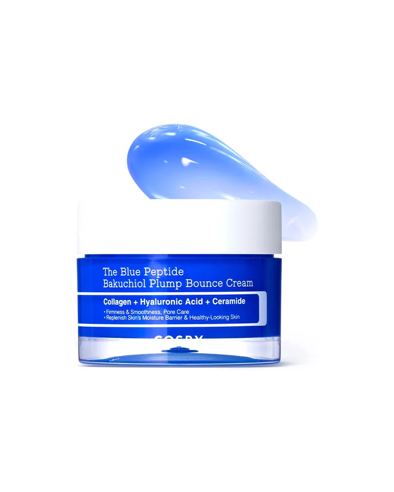 Envase de The Blue Peptide Bakuchiol Plump Bounce Cream sobre fondo blanco