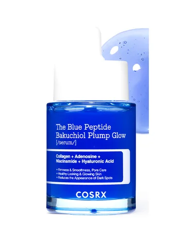 Envase de The Blue Peptide Bakuchiol Plump Glow Serum sobre fondo blanco