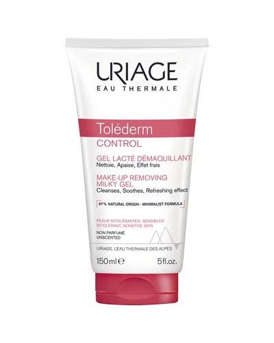 Envase de Toléderm Control Gel-Leche Desmaquillante sobre fondo blanco