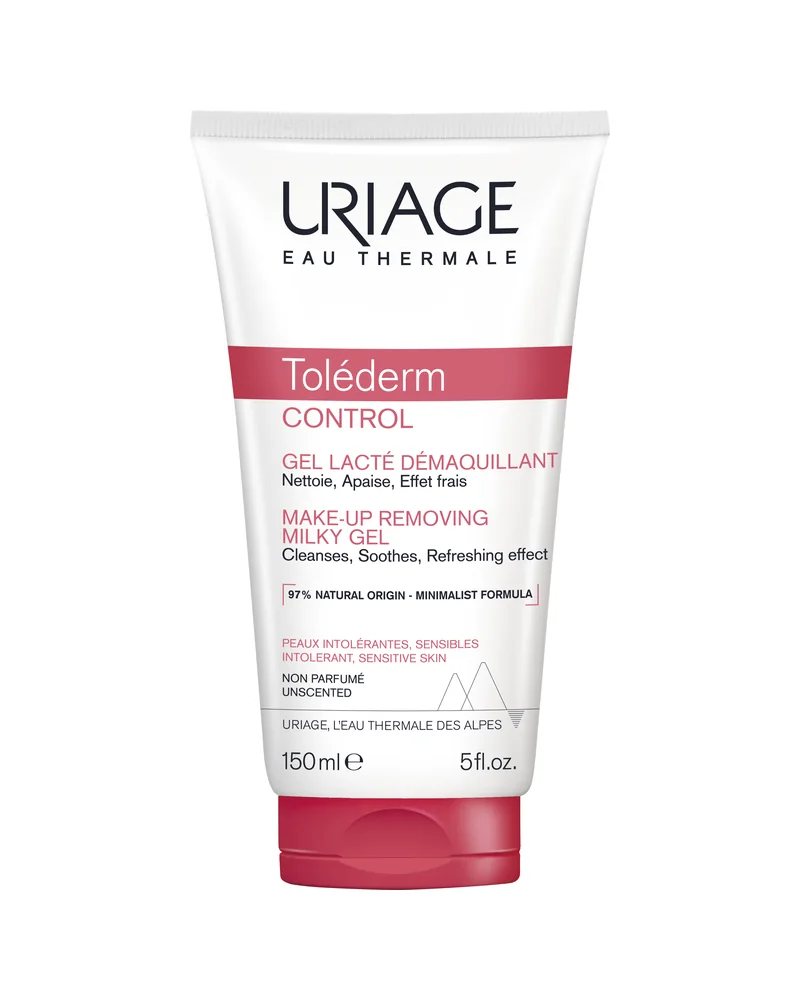 Envase de Toléderm Control Gel-Leche Desmaquillante sobre fondo blanco