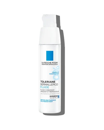 Envase de Toleriane Dermallergo Fluido sobre fondo blanco
