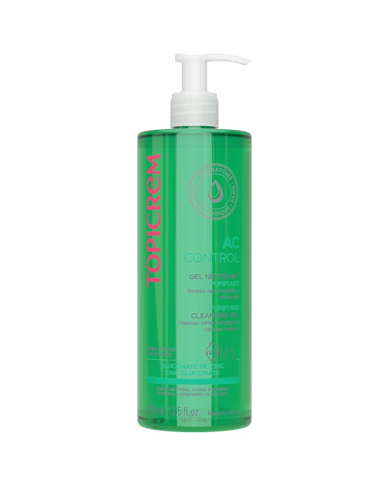 Botella con dosificador de AC Control Gel Limpiador Purificante sobre fondo blanco