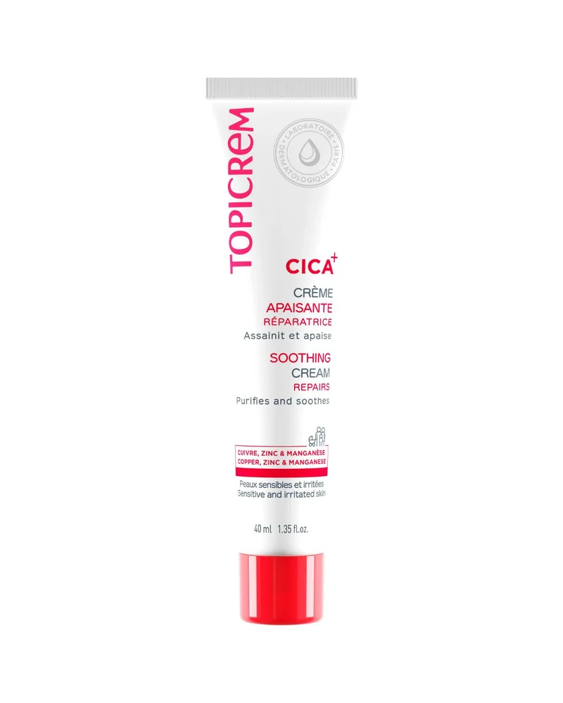 Tubo de Cica+ Crema Calmante Reparadora sobre fondo blanco