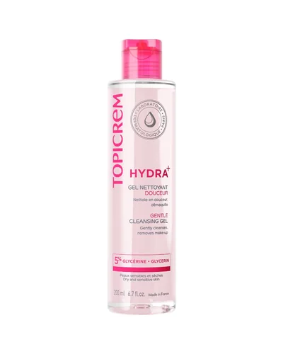 Botella de Hydra+ Gel Limpiador Suave sobre fondo blanco