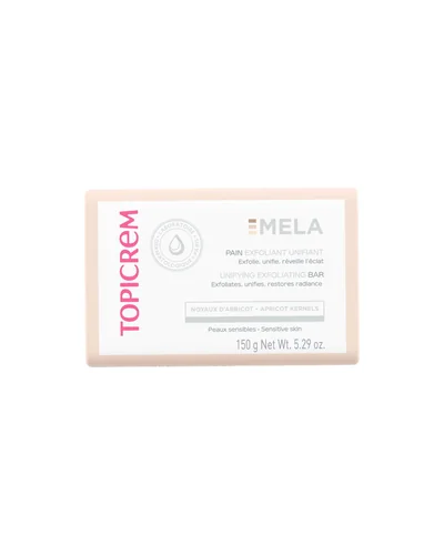 Pastilla de Mela Barra Exfoliante Unificadora sobre fondo blanco