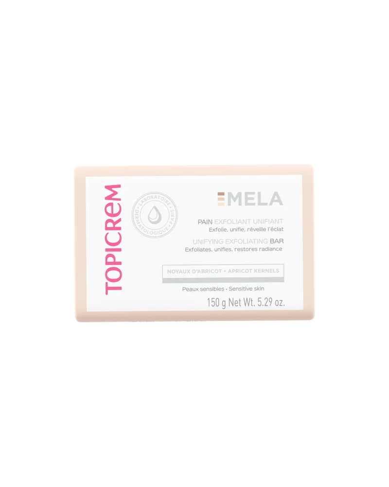Pastilla de Mela Barra Exfoliante Unificadora sobre fondo blanco