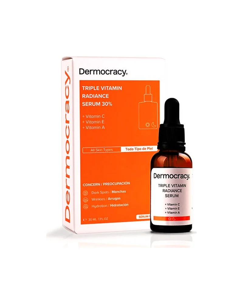 Frasco con cuentagotas de Triple Vitamin Radiance Serum 30% junto a su caja sobre fondo blanco