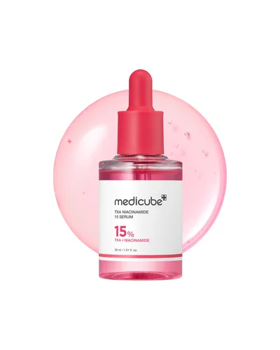 Frasco con cuentagotas de TXA Niacinamide Serum sobre un círculo de gel rosa