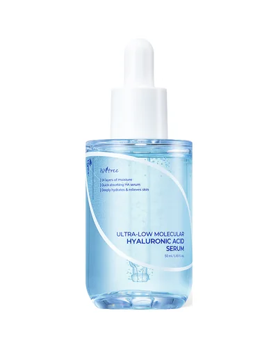Frasco con cuentagotas de Ultra-Low Molecular Hyaluronic Acid Serum sobre fondo blanco