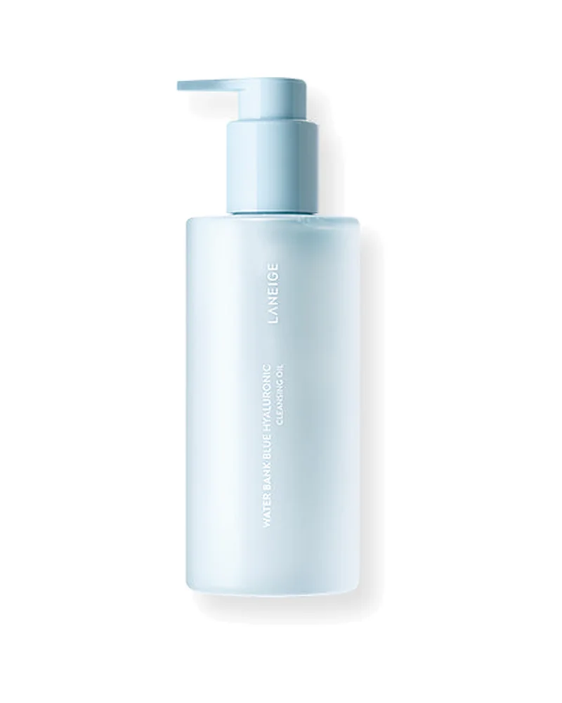 Frasco con dosificador de Water Bank Blue Hyaluronic Cleansing Oil sobre fondo blanco