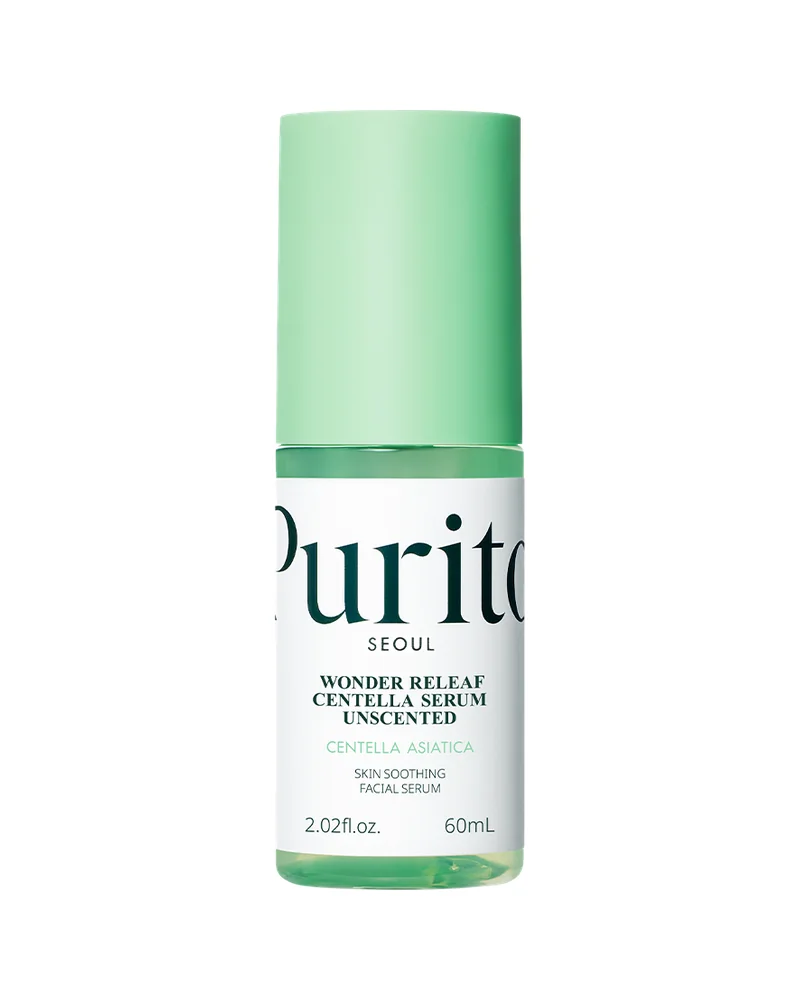 Envase de Wonder Releaf Centella Serum Unscented sobre fondo blanco
