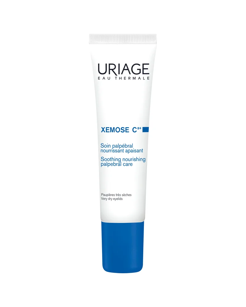 Envase de Xémose C8+ Cuidado para Párpados de Uriage sobre fondo blanco